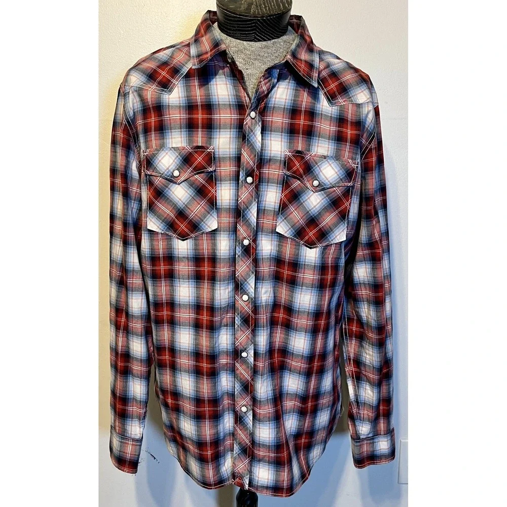 American‎ Eagle Outfitters Shirt Mens 2XL Red Plaid Western Pearl Snap Sleeve